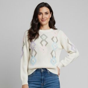 Vintage Nannell Sweater Geometric Pattern Cream, Purple, Blue Pink Size S